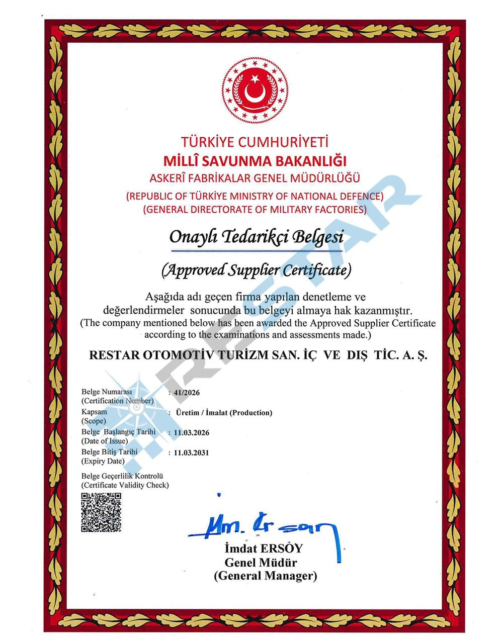 Military factories approved supplier certificate