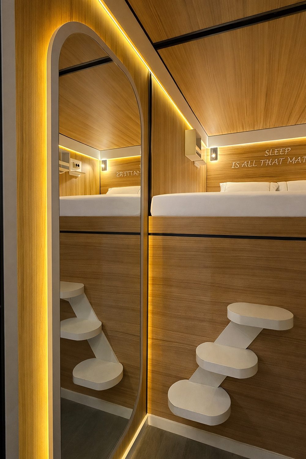 SleepPod Oak interior, luggage storage