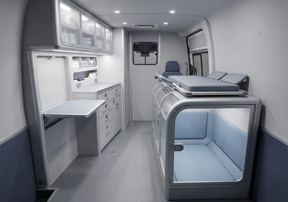 Pet ambulance interior for care and transport