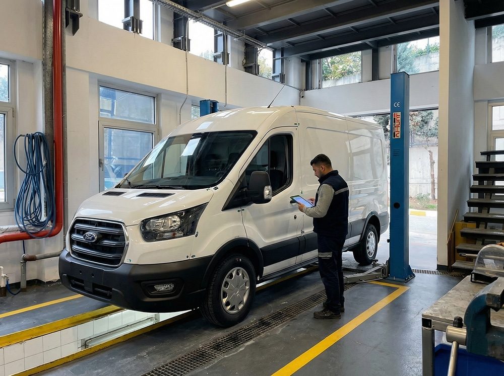 Ford Transit under quality inspection in the assembly zone