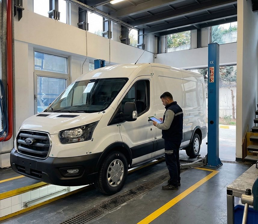 Ford Transit conversion under inspection at the Restar SVC facility
