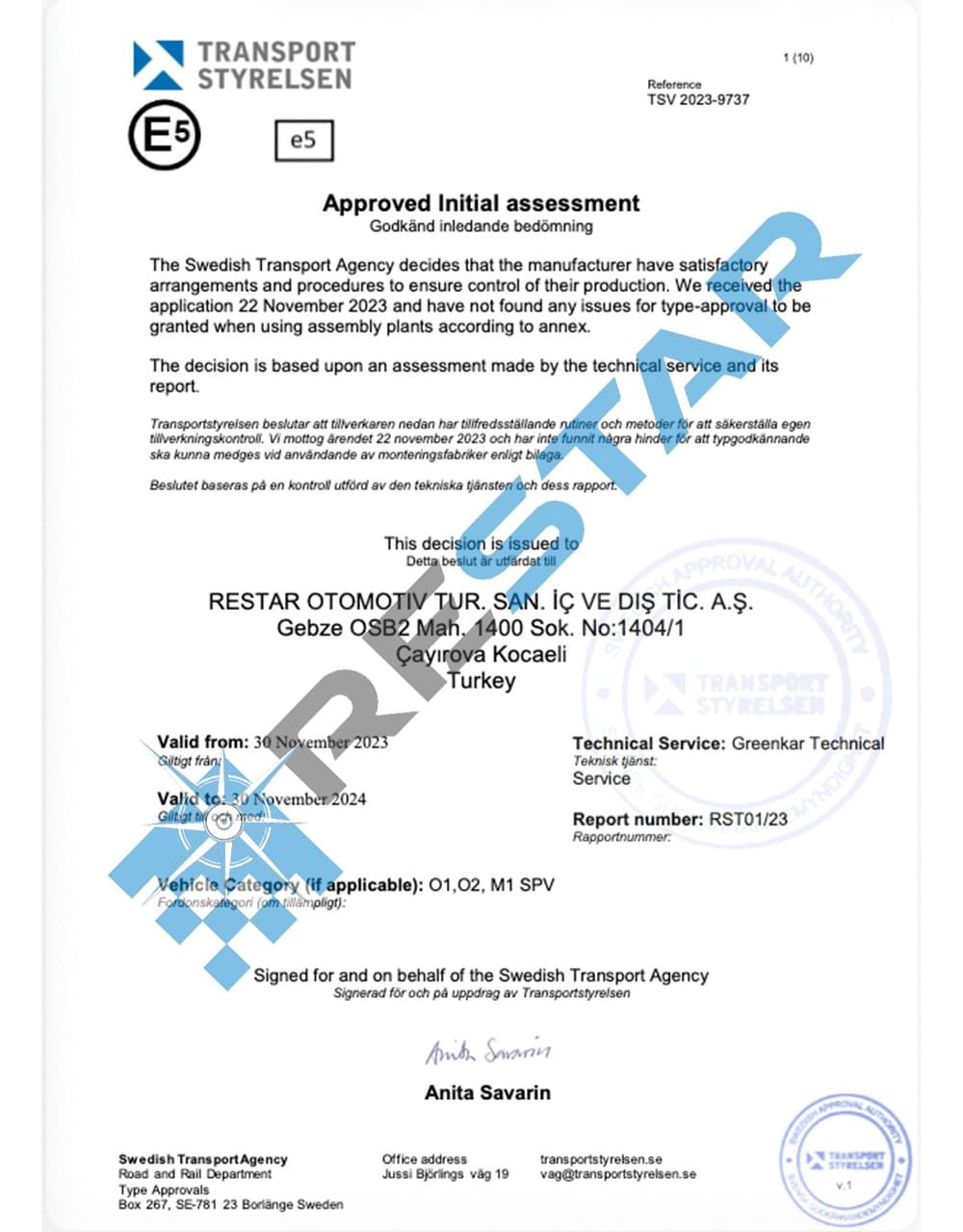 Production conformity certificate